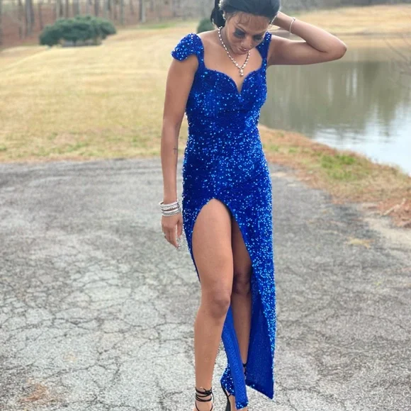 chinese dress ladies Royal Blue Pretty Sequin Dress with Beaded Corset  Strapless Sparkly Maxi Dress with Sheer Train and High Slit Plus Size Size 0 / Blue